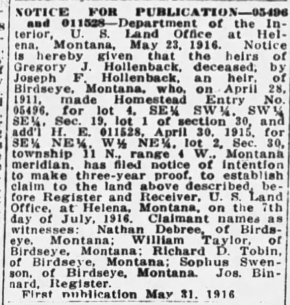 Homestead Entry by Heirs of Gregory J Hollenback